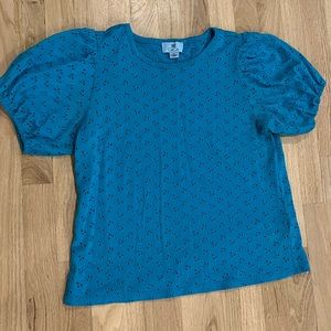 CeCe Teal Blue Eyelet Puff Sleeve Short Sleeve Top